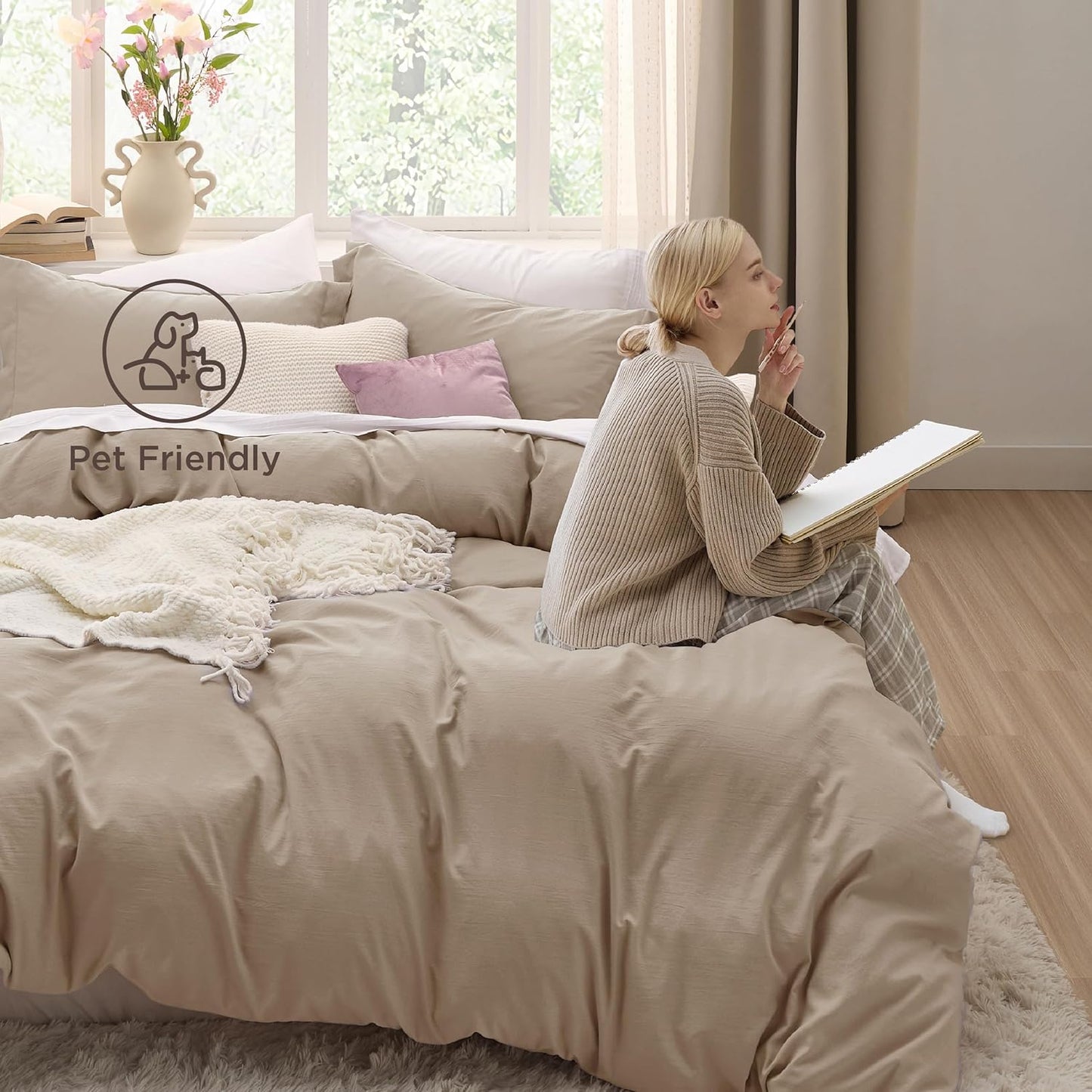 Funda nórdica blanca Bedsure, tamaño Queen, 3 piezas, aspecto de algodón prelavado, juego de cama extrasuave, incluye 1 funda nórdica de 228 x 228 cm con cierre de cremallera y 2 fundas de almohada, edredón no incluido