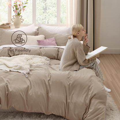 Funda nórdica blanca Bedsure, tamaño Queen, 3 piezas, aspecto de algodón prelavado, juego de cama extrasuave, incluye 1 funda nórdica de 228 x 228 cm con cierre de cremallera y 2 fundas de almohada, edredón no incluido