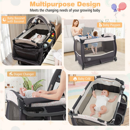 BABY JOY 4 in 1 Pack and Play, Portable Baby Playard with Bassinet & Flip-Away Changing Table, Canopy, Portable Bedside Crib with Storage Basket, Oxford Bag, Infant Bassinet from Newborn to Toddlers