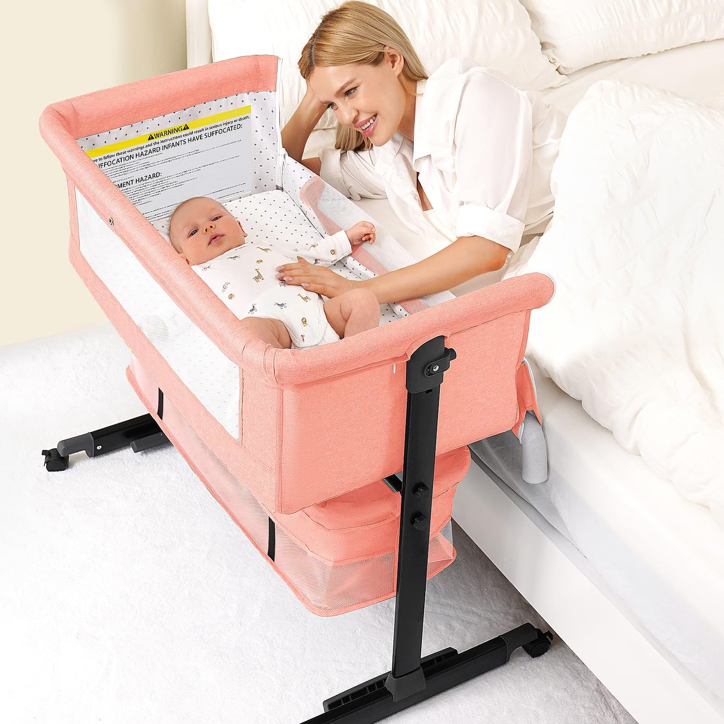 Baby Bassinet, 3 in 1 Bedside Bassinets for Baby, Bassinet Bedside Sleeper with Wheels, Adjustable Height with Rocking Mode, Breathable Mesh, Storage Basket, Easy Assemble & Folding (Dark Gray)
