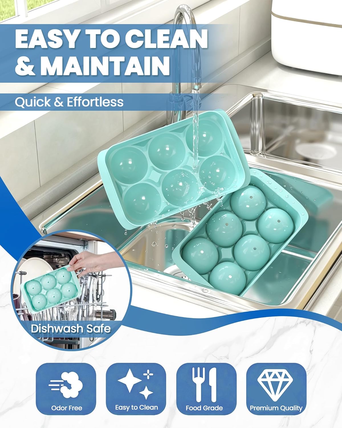 Large Ice Cube Tray for Freezer - 2 Pack Stackable Round Ice Cube Molds Set