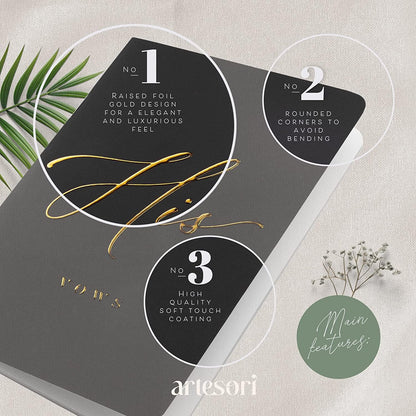 ARTESORI Premium Ehegelübde-Buch für Sie & Ihn, Soft-Touch, Goldfolie, 28 linierte Seiten, Ehegelübde-Bücher für Sie und Ihn, Hochzeits-Essentials, Hochzeits-Geschenkideen, Geschenke für Sie und Ihn [Weiß & Schwarz]
