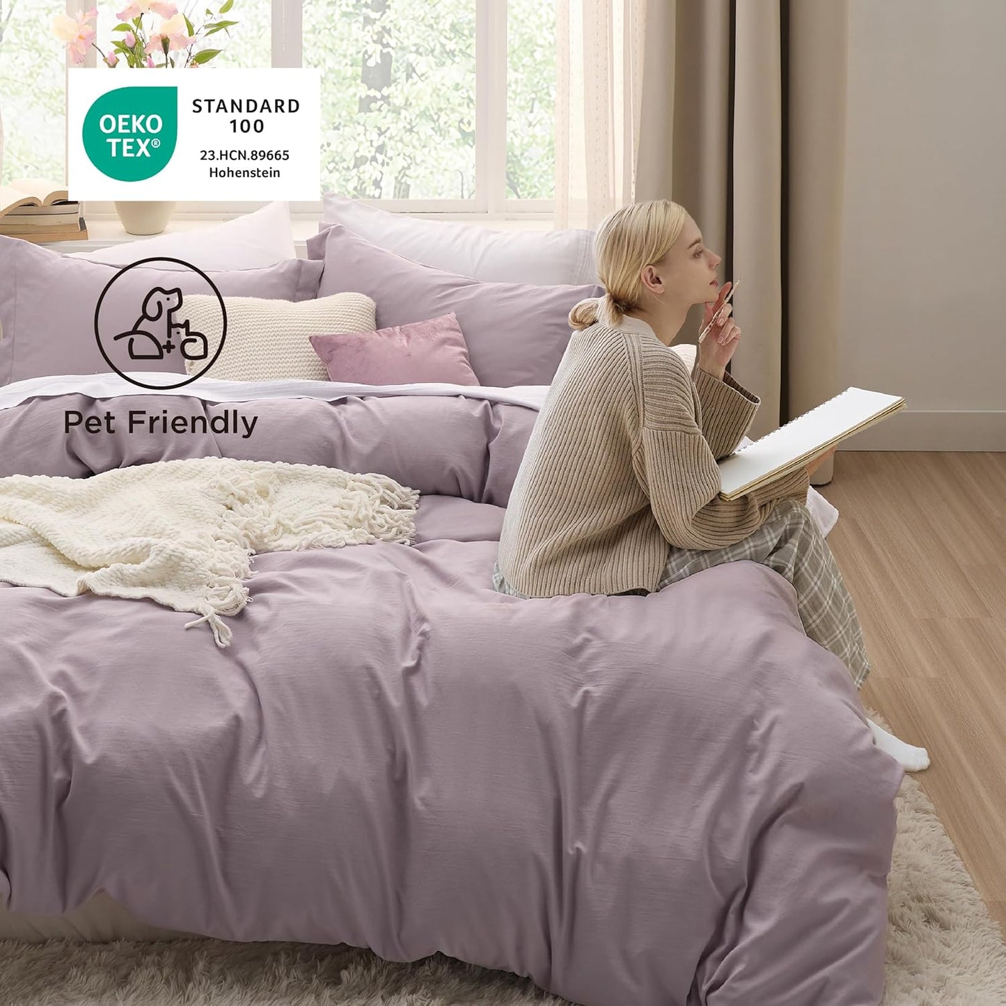 Funda nórdica blanca Bedsure, tamaño Queen, 3 piezas, aspecto de algodón prelavado, juego de cama extrasuave, incluye 1 funda nórdica de 228 x 228 cm con cierre de cremallera y 2 fundas de almohada, edredón no incluido