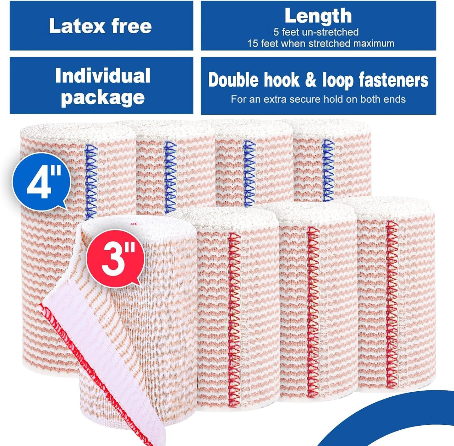 AZEN Premium 8 Pack Elastic Bandage Wrap (2x2", 2x3", 2x4", 2x6"), Compression Wrap Bandage for Legs, Ankle, Knee, Tummy, Body, Latex-Free, Lymphedema Wraps for Legs
