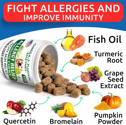 Allergy Relief + Advanced Allergy Bundle - Anti-Itch&Hot Spots + Itchy Skin Relief Pills - Omega 3 + Pumpkin+ Enzymes + Probiotics - Immune Supplement + Anti Itching Licking - 360 Chews - Made in USA