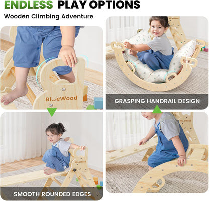 BlueWood Pikler Triangle Set with Cushion, 8-in-1 Climbing Toys for Toddlers, Montessori Philosophy Play Jungle Gym with Arch, Ramp, Ladder(Natural Wood)