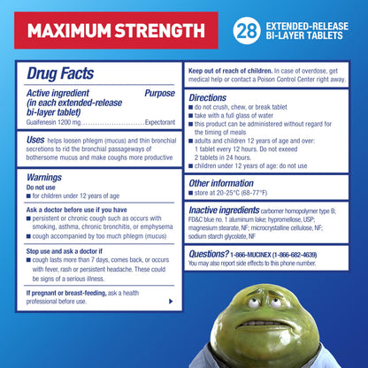Mucinex Maximum Strength 12 Hour Chest Congestion Expectorant Relief Tablets, 1200 mg, 28 Count, Thins & Loosens Mucus (Pack of 3)