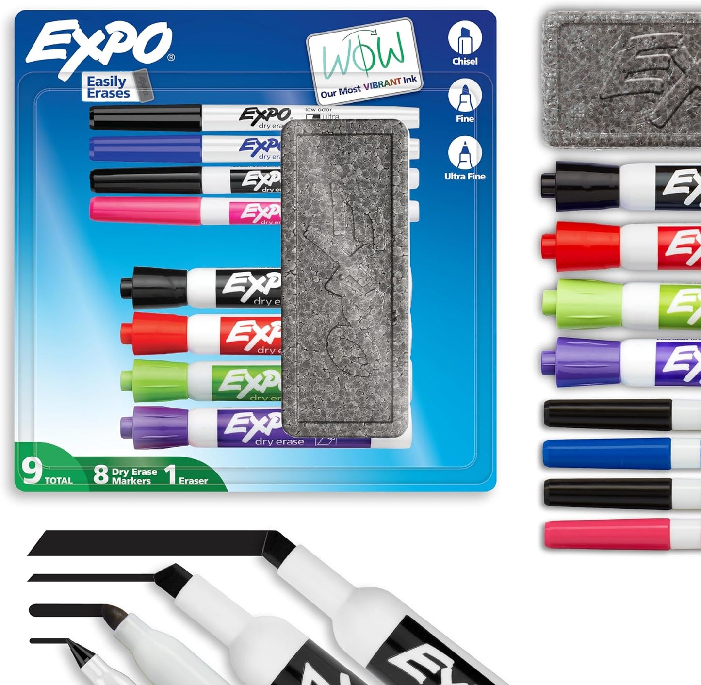 EXPO Whiteboard-Marker-Set, Keilspitze, verschiedene Farben, Radiergummi, Sprühreiniger, 6 Stück