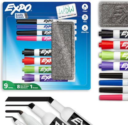 EXPO Whiteboard-Marker-Set, Keilspitze, verschiedene Farben, Radiergummi, Sprühreiniger, 6 Stück