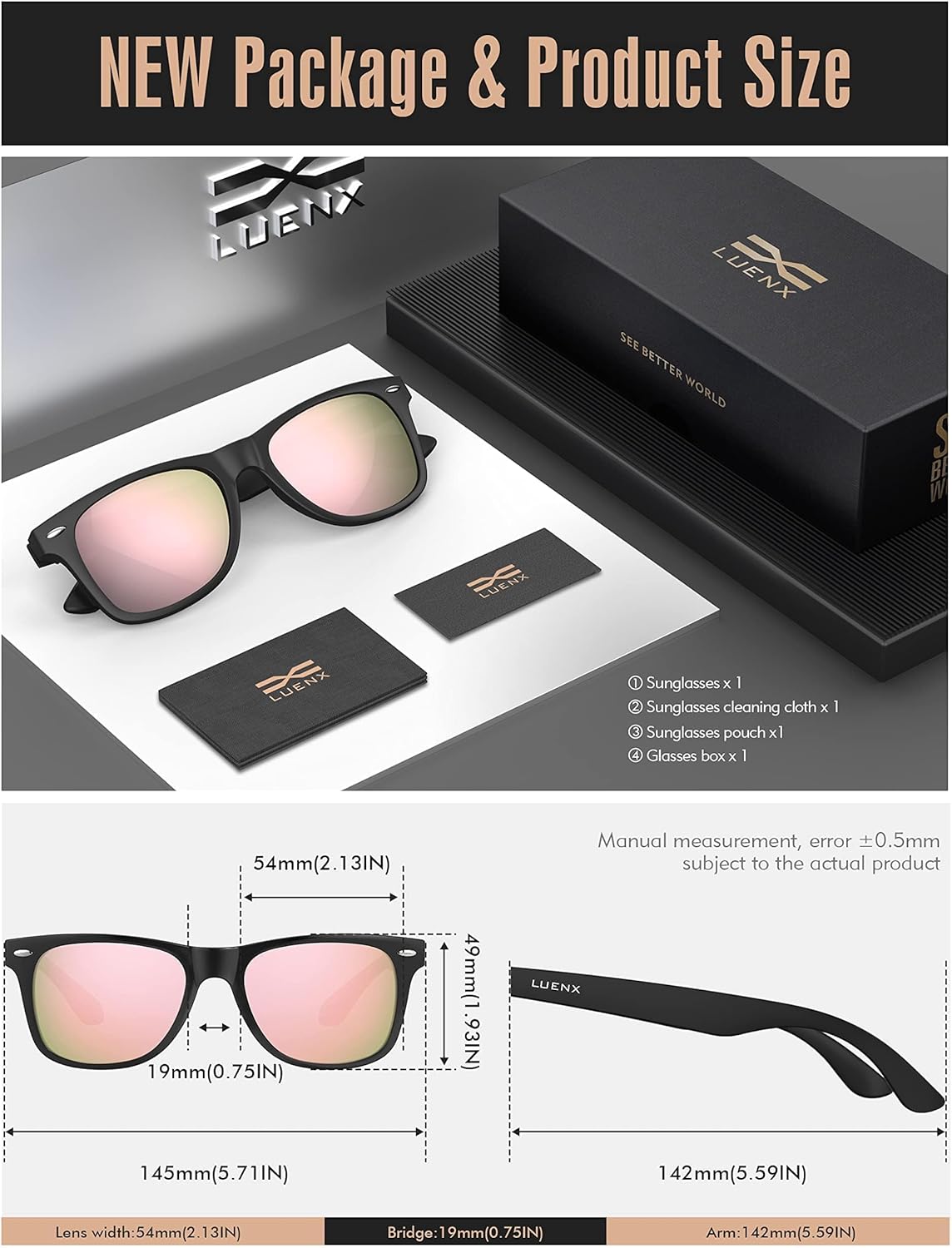 LUENX Polarisierte Sonnenbrillen für Herren und Damen, quadratische Fassung – UV-400-Schutz, 54 mm