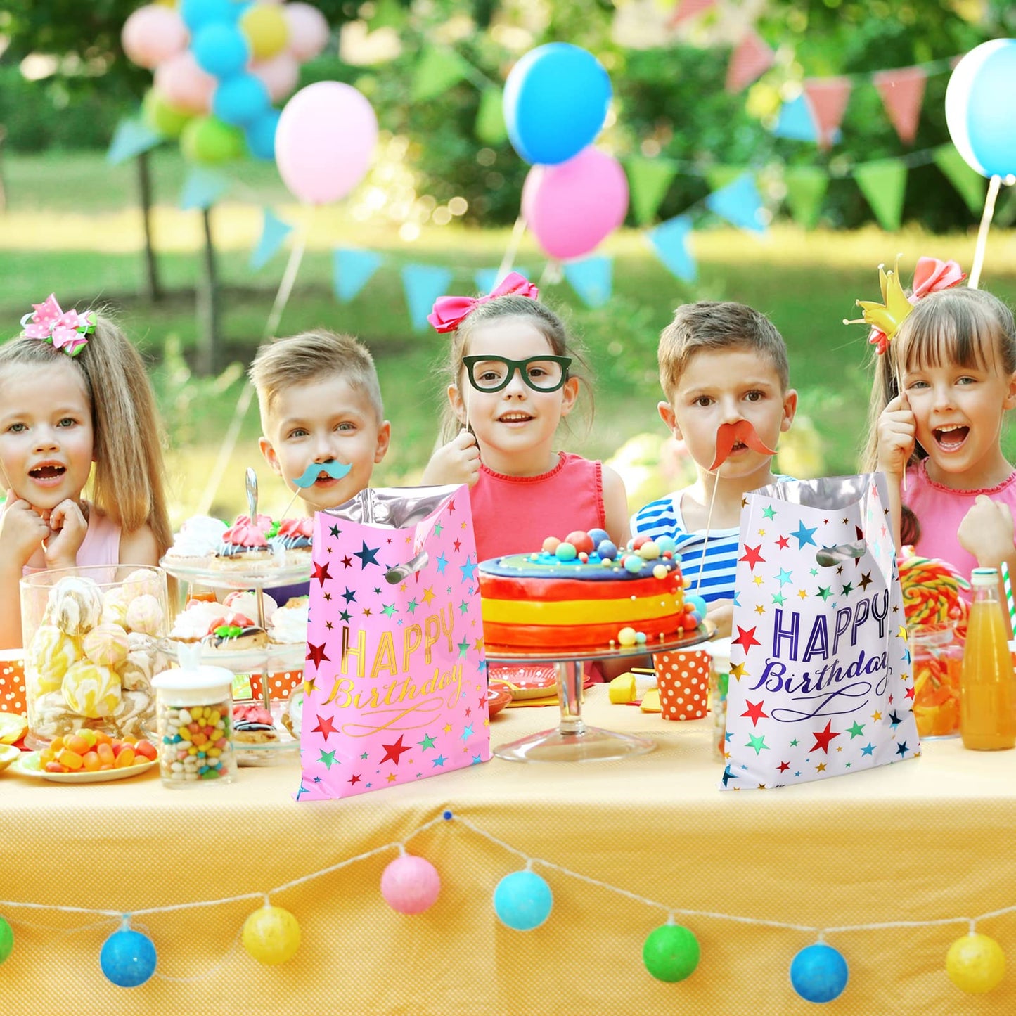 PintreeLand 6.7 * 9.8inch Happy Birthday Party Mitgebseltüten 40 STK, Plastik Beute Geschenktüten Bulk für Kinder Baby Mädchen & Jungen Geburtstagsparty Zubehör (B Stil 40 Stück)