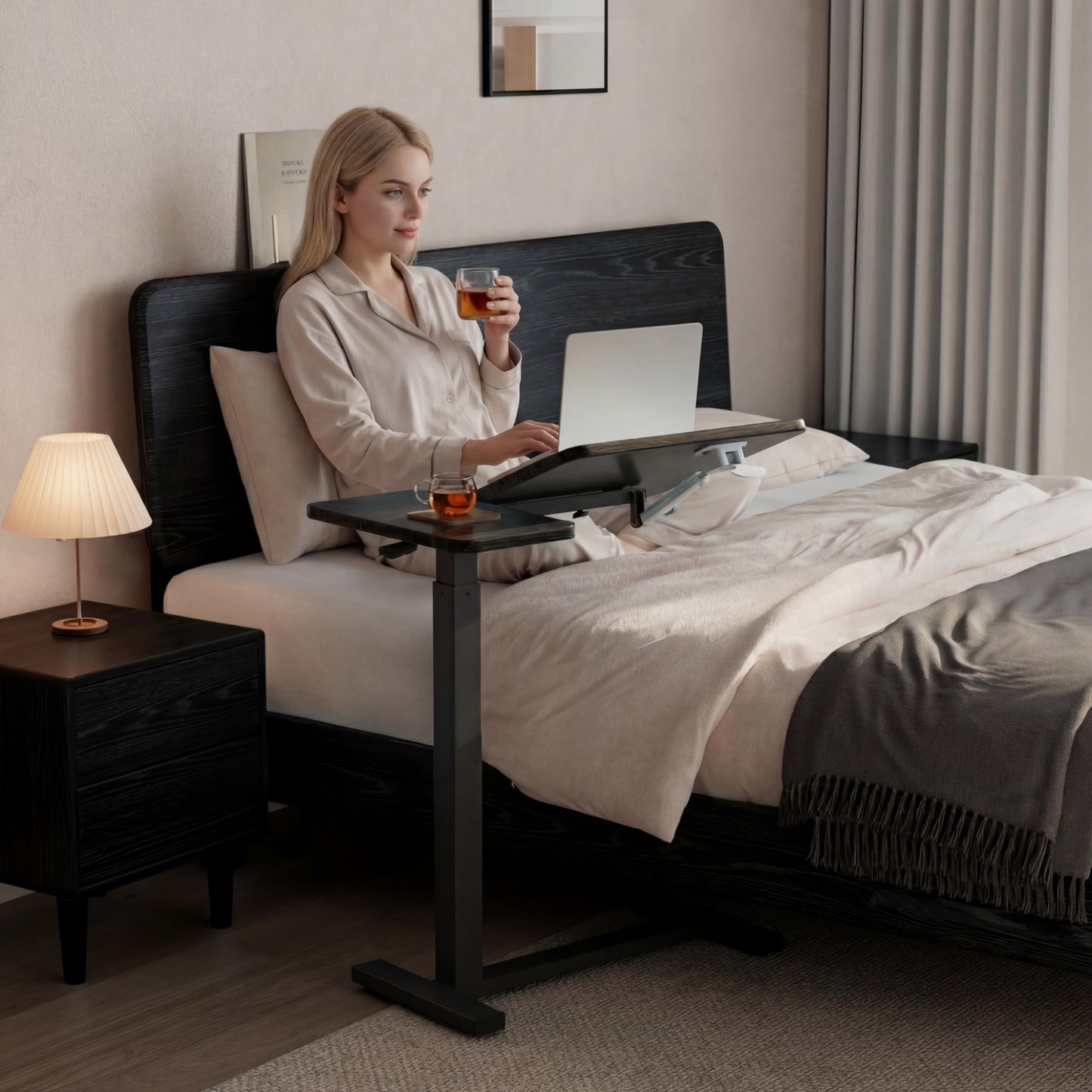Solid Wood Overbed Bedside Table with Wheels, Tilting Adjustable Hospital Bed Table Over The Bed, Medical Mobile Laptop Stand, Rolling Standing Desk for Hospital and Home Use(Walnut)