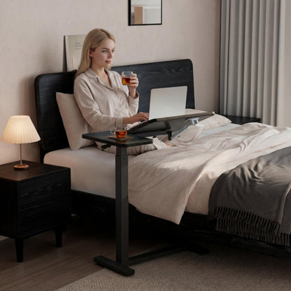 Solid Wood Overbed Bedside Table with Wheels, Tilting Adjustable Hospital Bed Table Over The Bed, Medical Mobile Laptop Stand, Rolling Standing Desk for Hospital and Home Use(Walnut)