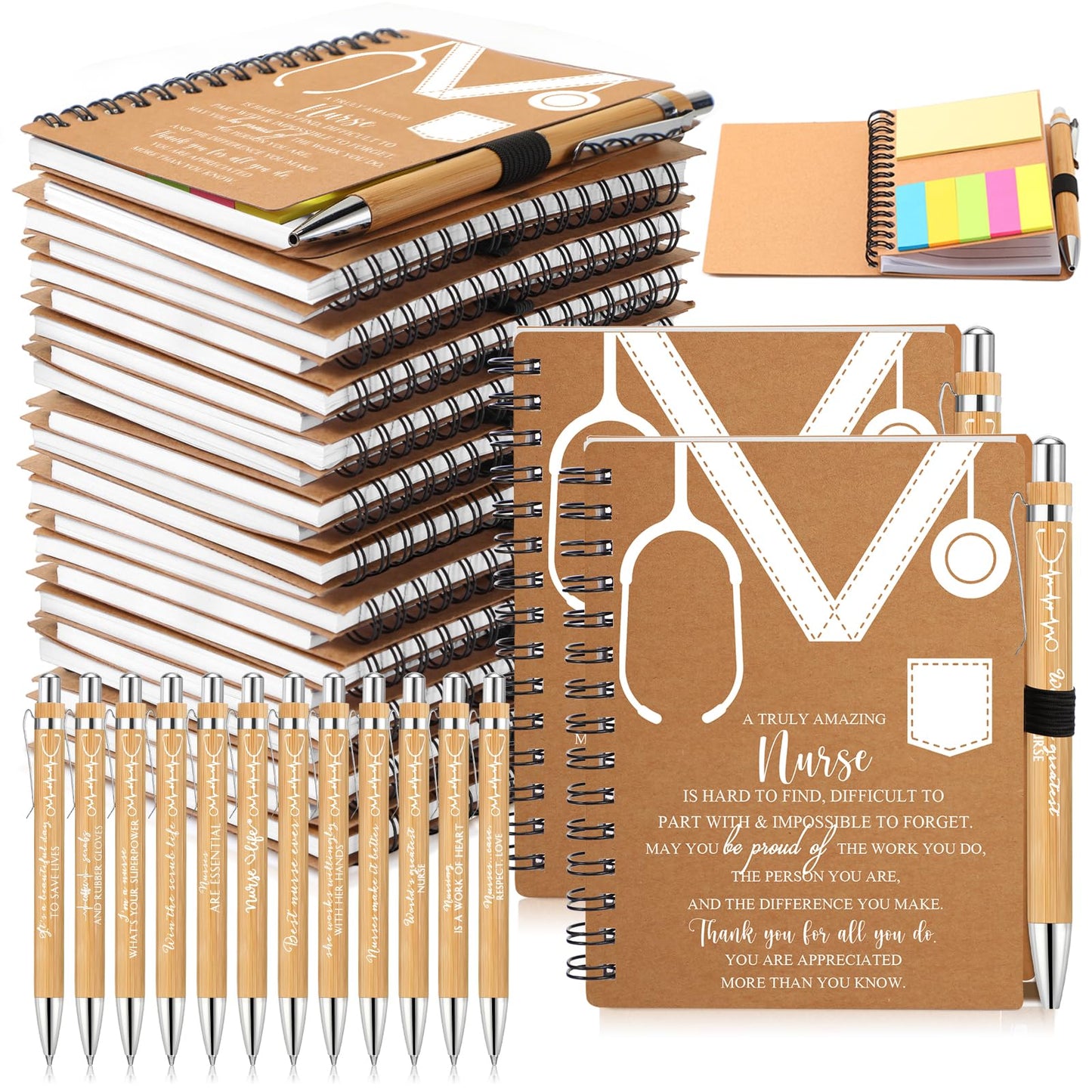 Jetec 48 Set 2026 CNA Week Gifts Bulk Nurse Appreciation Gift Set Small Inspirational Kraft Spiral Nursing Notebooks with Sticky Notes Pens for Healthcare Medical Hospital Coworker Staff Office