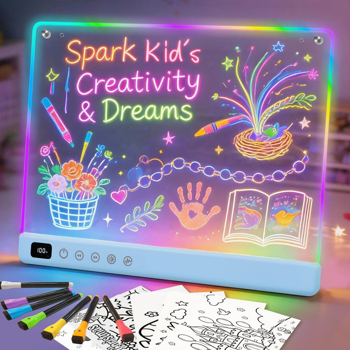 Led Drawing Board with 13 Light Effects, 16" Rechargeable Glow Doodle LED Note Board with Colors, Neon Light Up Drawing Tablet Gifts for Kids for Easter Birthday Christmas Gift Ideas