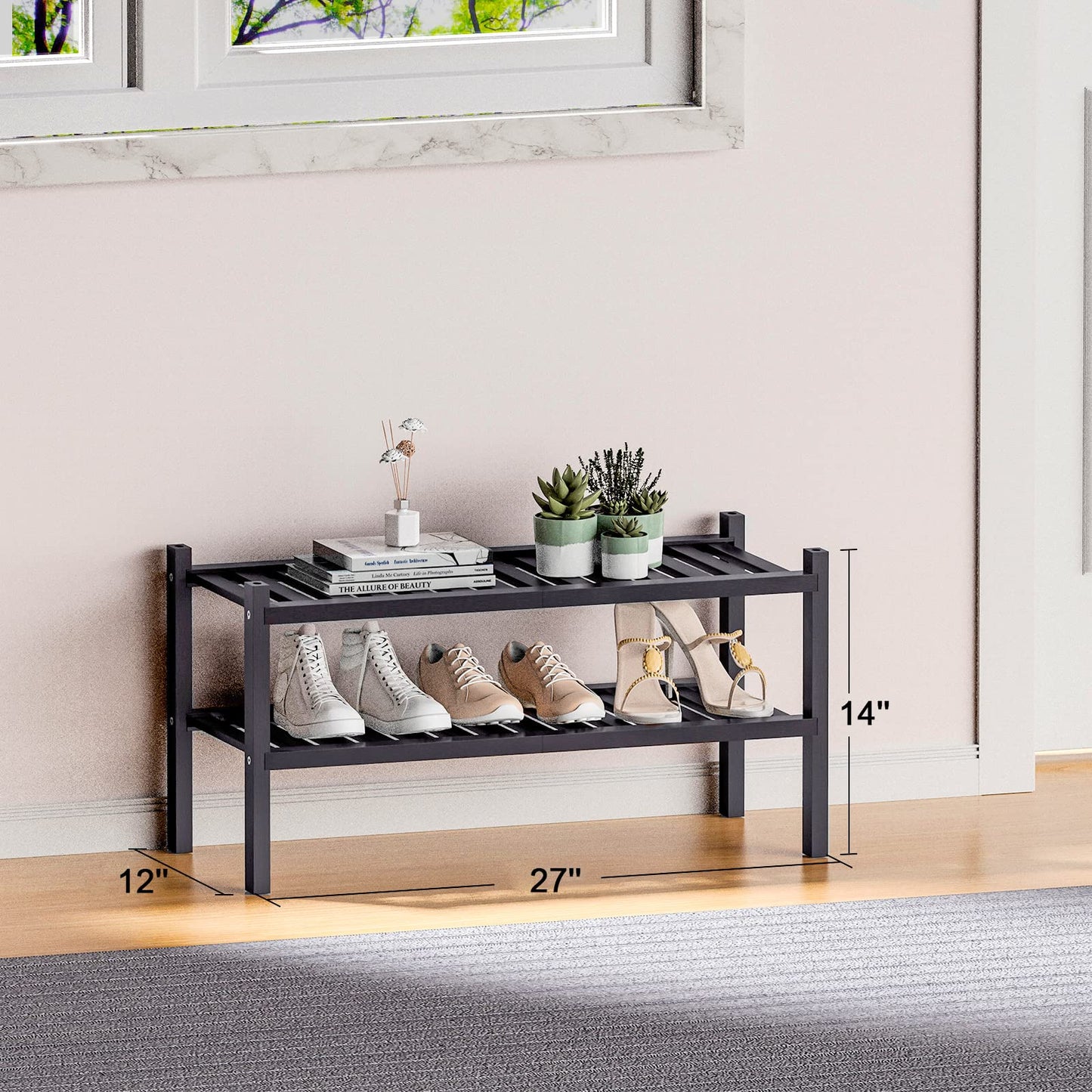 ROMGUAR CRAFT 3 Tier Bamboo Shoe Rack for Closet Free Standing Wood Shoe Shelf Storage Organizer for Entryway Small Space Stackable 27"x11"x20" (Natural)
