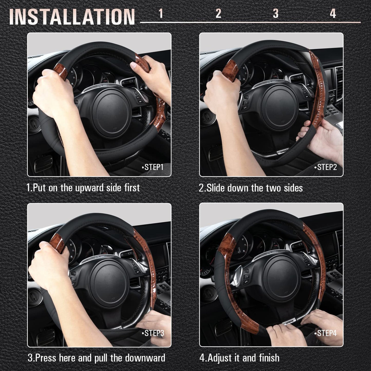 CAR PASS Line Rider Mikrofaser-Leder Sportlicher Lenkradbezug Universal Passend für 95% LKW, SUV, PKW, 36,8-38,1 cm Rutschfest Sicher Bequem Design (Schwarz-Grau)