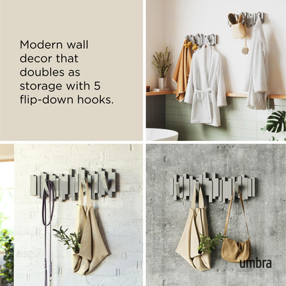 Umbra Sticks Wall-Mounted Coat Rack Rail Hook with 5 Retractable Pegs – Modern, Space-Saving Storage Organizer, Black
