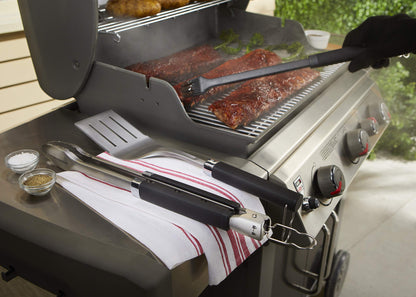 Weber Precision 3‑Piece Grilling Tool Set – Stainless Steel Tongs, Spatula & Silicone Basting Brush with Non‑Slip Handles and Hands‑Free Locking - Grill Accessory Kit