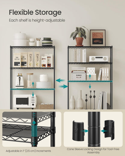 SONGMICS Storage Shelf, Small Metal Wire Shelving Unit, Adjustable Shelves, for Small Spaces, Garage, Bedroom, Living Room, Kitchen, Pantry, 5 Tier, 11.8 x 11.8 x 47.6 Inches, Ink Black ULGR123BH01