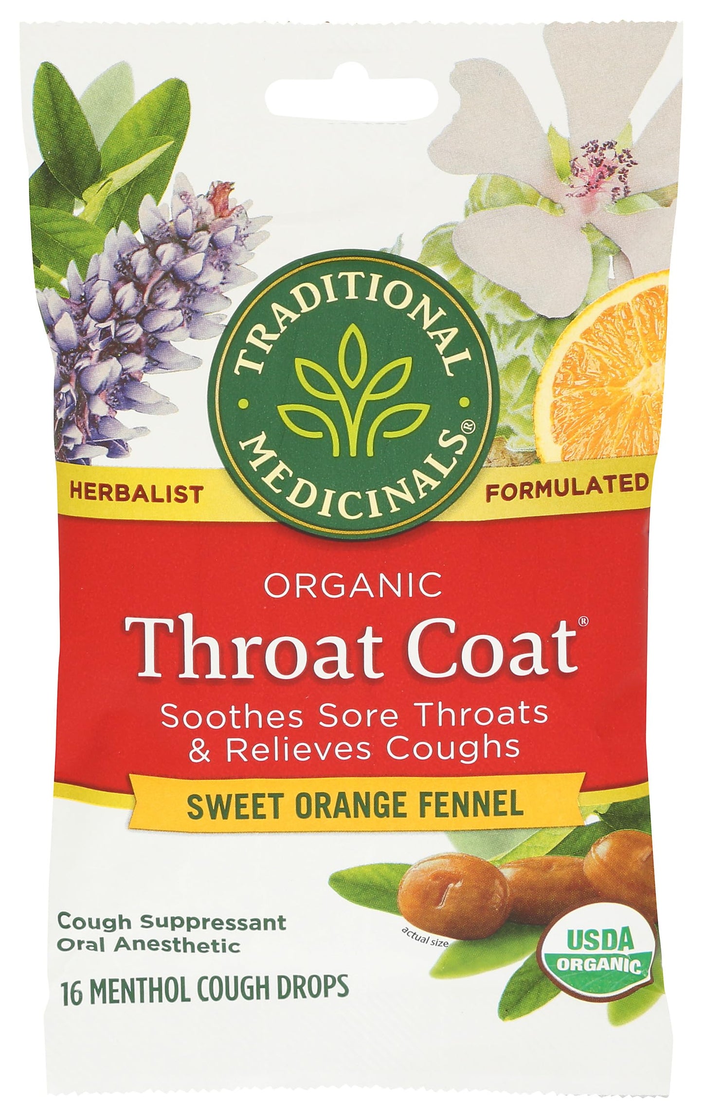 Traditional Medicinals Organic, Throat Coat Lozenges, Lemon Ginger Echinacea - Herbal Cough Drops, Helps Soothe Sore Throat - Non-GMO, Stimulant-Free - 16 Count (Pack of 12)