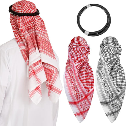 2 Pcs Men Arab Shemagh Headscarf with Aqel Rope Muslim Kafiya Keffiyeh Middle Eastern Head Wrap Middle East Desert Shemagh Wrap Arab Costume, 55 x 55 Inch, 2 Patterns