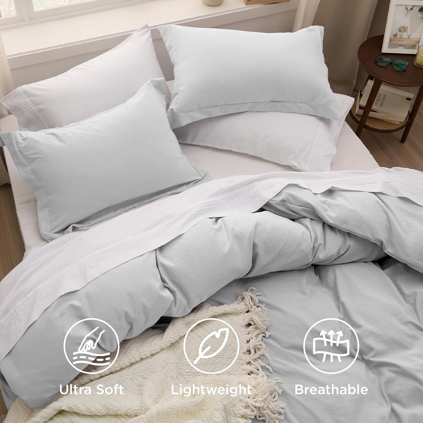 Funda nórdica blanca Bedsure, tamaño Queen, 3 piezas, aspecto de algodón prelavado, juego de cama extrasuave, incluye 1 funda nórdica de 228 x 228 cm con cierre de cremallera y 2 fundas de almohada, edredón no incluido