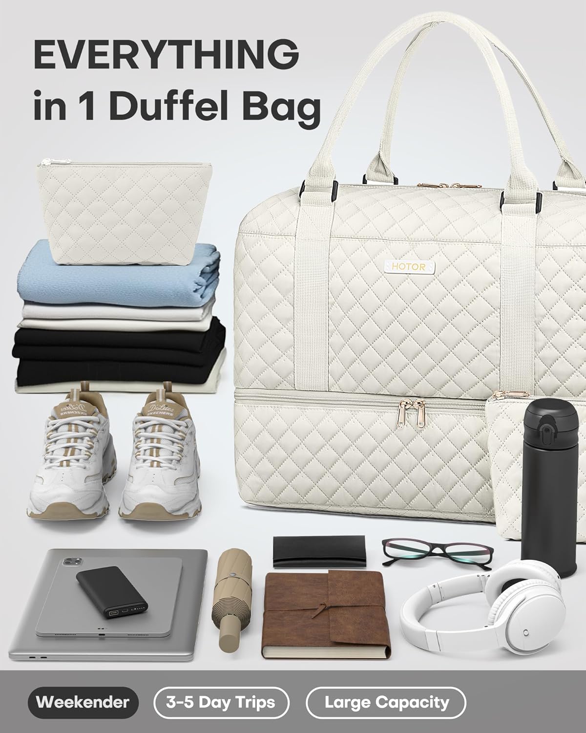 HOTOR Reisetasche - Große Weekender-Tasche für Frauen, Handgepäck mit Schuhfach, Übernachtungstasche mit Kulturtasche für Reiseutensilien und Reisezubehör, Schwarz, 34,0 x 45,0 x 20,0 cm