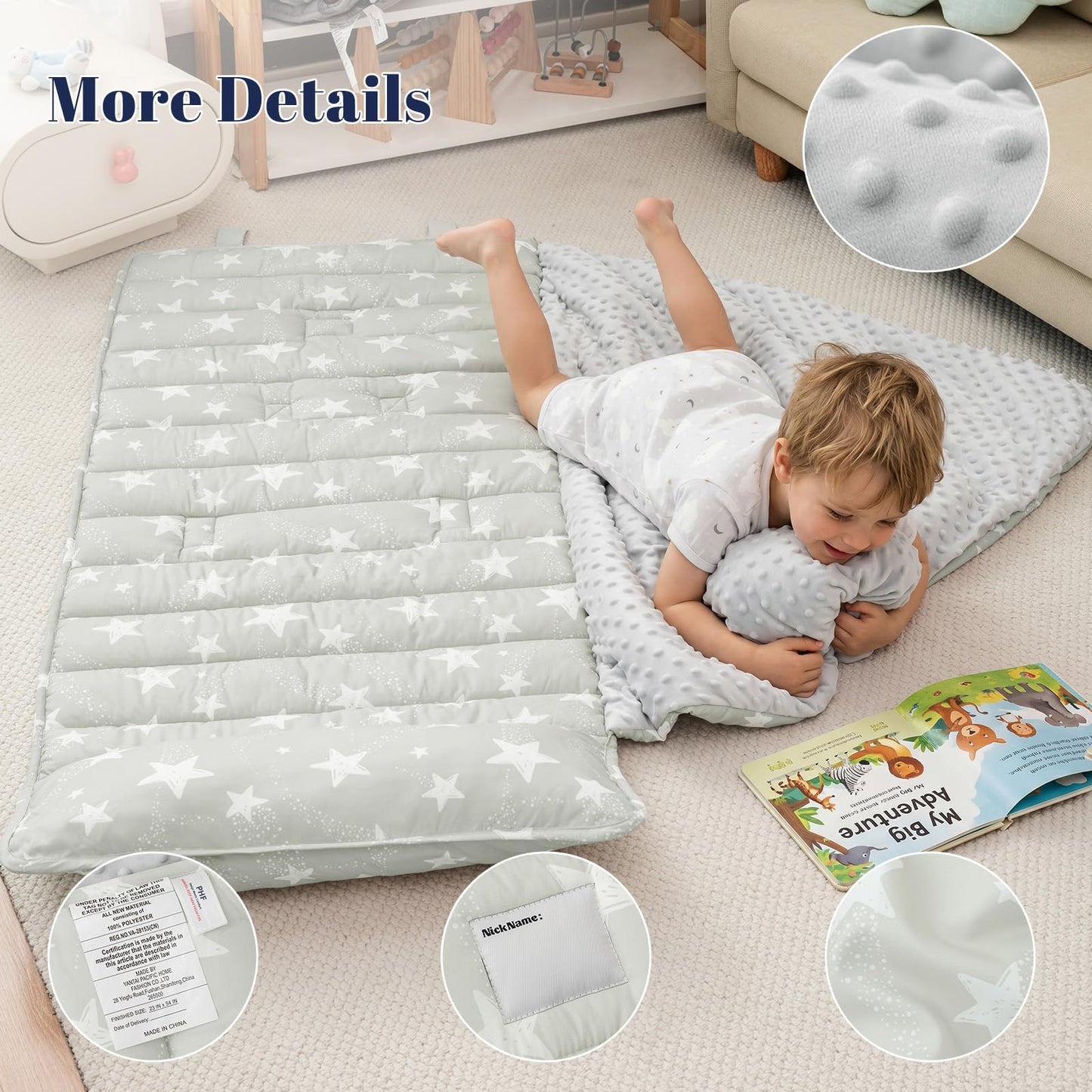 PHF Toddler Nap Mat with Removable Pillow and Minky Blanket, Rollup Design Kids Sleeping Mat, Slumber Bags for Boys, 55"x23" Toddler Sleeping Bag for Daycare Preschool Travel Camping, Space