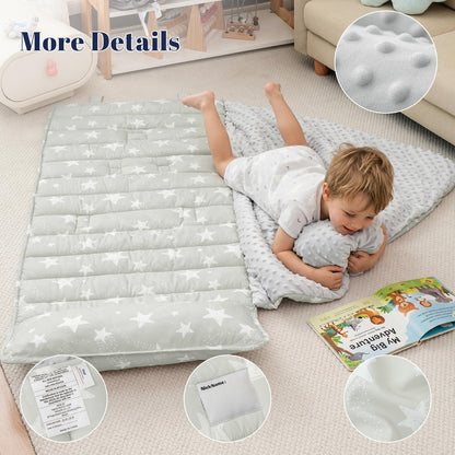 PHF Toddler Nap Mat with Removable Pillow and Minky Blanket, Rollup Design Kids Sleeping Mat, Slumber Bags for Boys, 55"x23" Toddler Sleeping Bag for Daycare Preschool Travel Camping, Space