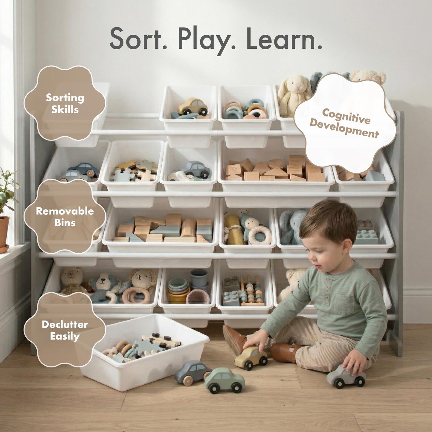Humble Crew Toy Storage Organizer with 20 Removable Storage Bins for Kids Playroom, 4-Tier Toddler Toy Organization and Storage, Natural/White