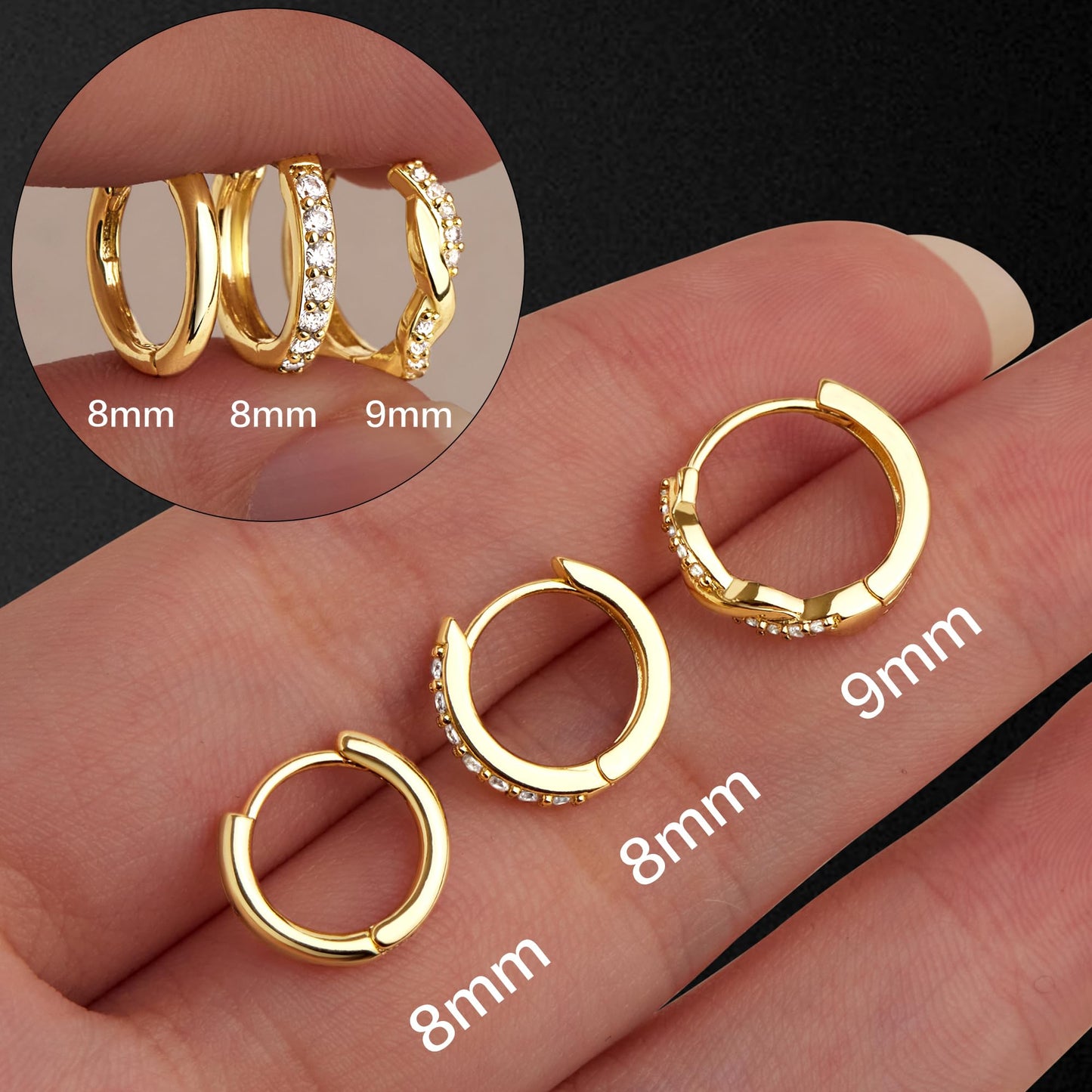 Inerney 14K Gold Plated Huggie Hoop Earrings for Women, Small Sterling Silver Earring Set Hypoallergenic Cartilage Helix Stacks, Mini Dainty Cute Trendy Birthstone Jewelry Gift for Multiple Piercings