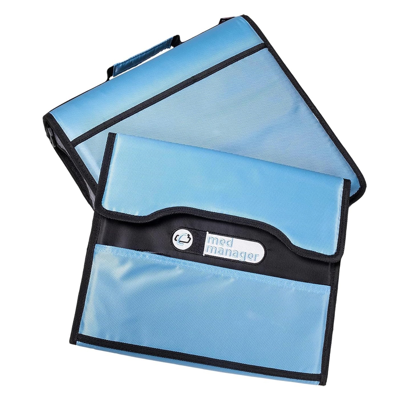 Med Manager Medicine Organizer and Portable Medical Binder, Holds (15) Pill Bottles - (11) Standard Size and (4) Large Bottles, Includes Removable 5-Tab File Folder, Black, 14 x 14 x 4 inches