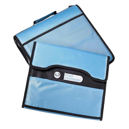 Med Manager Medicine Organizer and Portable Medical Binder, Holds (15) Pill Bottles - (11) Standard Size and (4) Large Bottles, Includes Removable 5-Tab File Folder, Black, 14 x 14 x 4 inches
