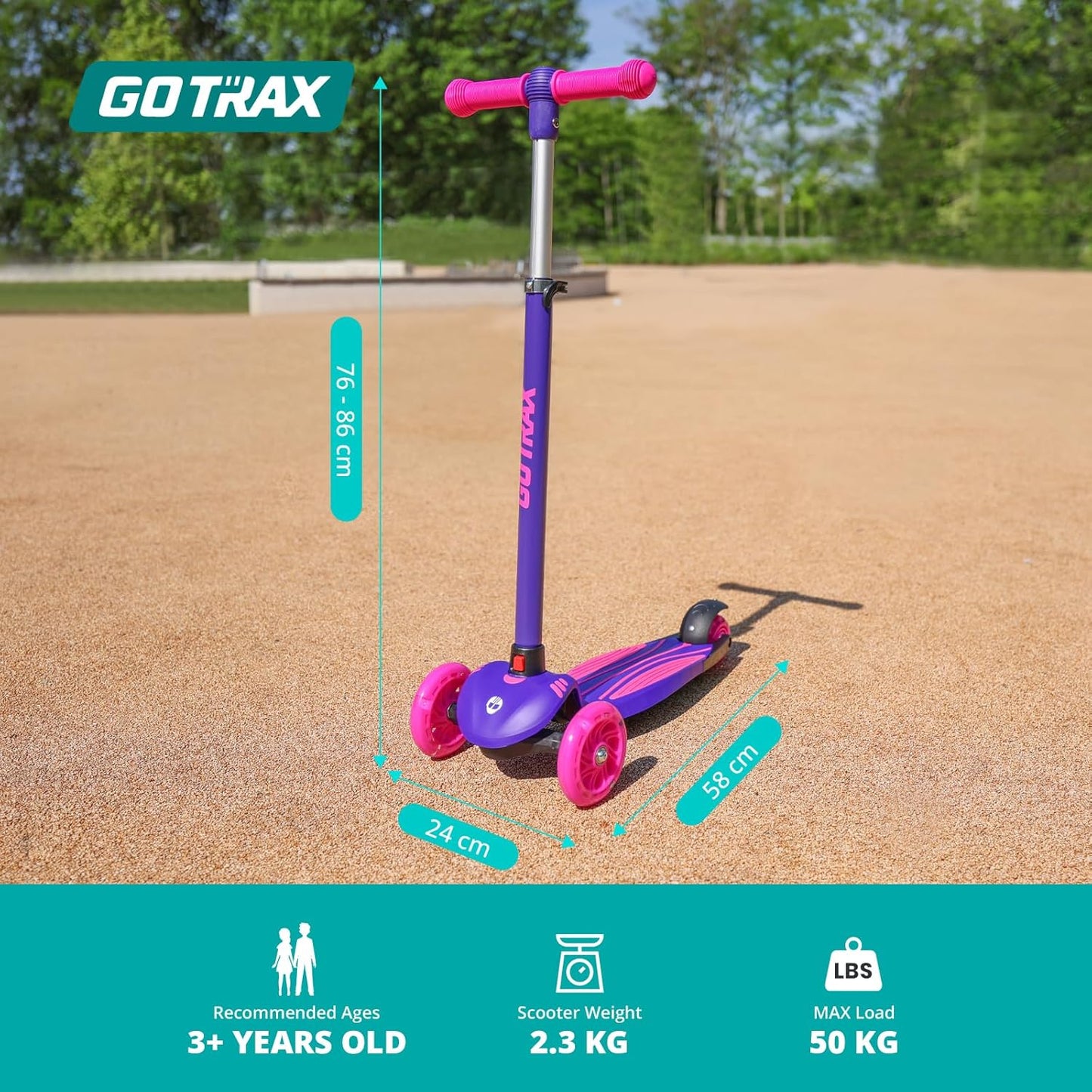 Gotrax KS1 Kinder-Roller, LED-Räder und 3-fach verstellbare Lenkerhöhe, Lean-to-Steer & breites Anti-Rutsch-Deck, 3-Rad-Roller für Jungen und Mädchen ab 3 Jahren und bis 45 kg