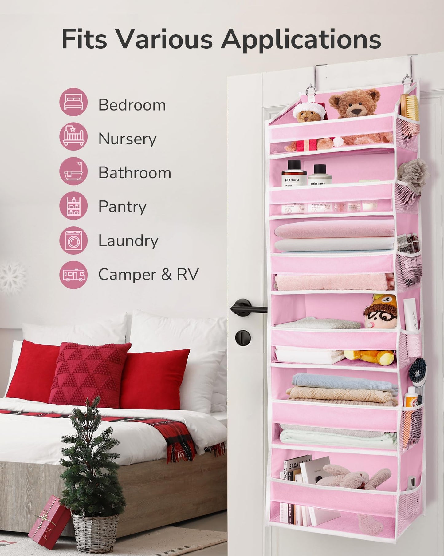 ULG Over The Door Organizer with 6 Large Pockets 12 Side Pockets, 50lbs Weight Capacity Door Hanging Organizer for Bedroom, Bathroom, Pantry, Nursery Storage, Beige