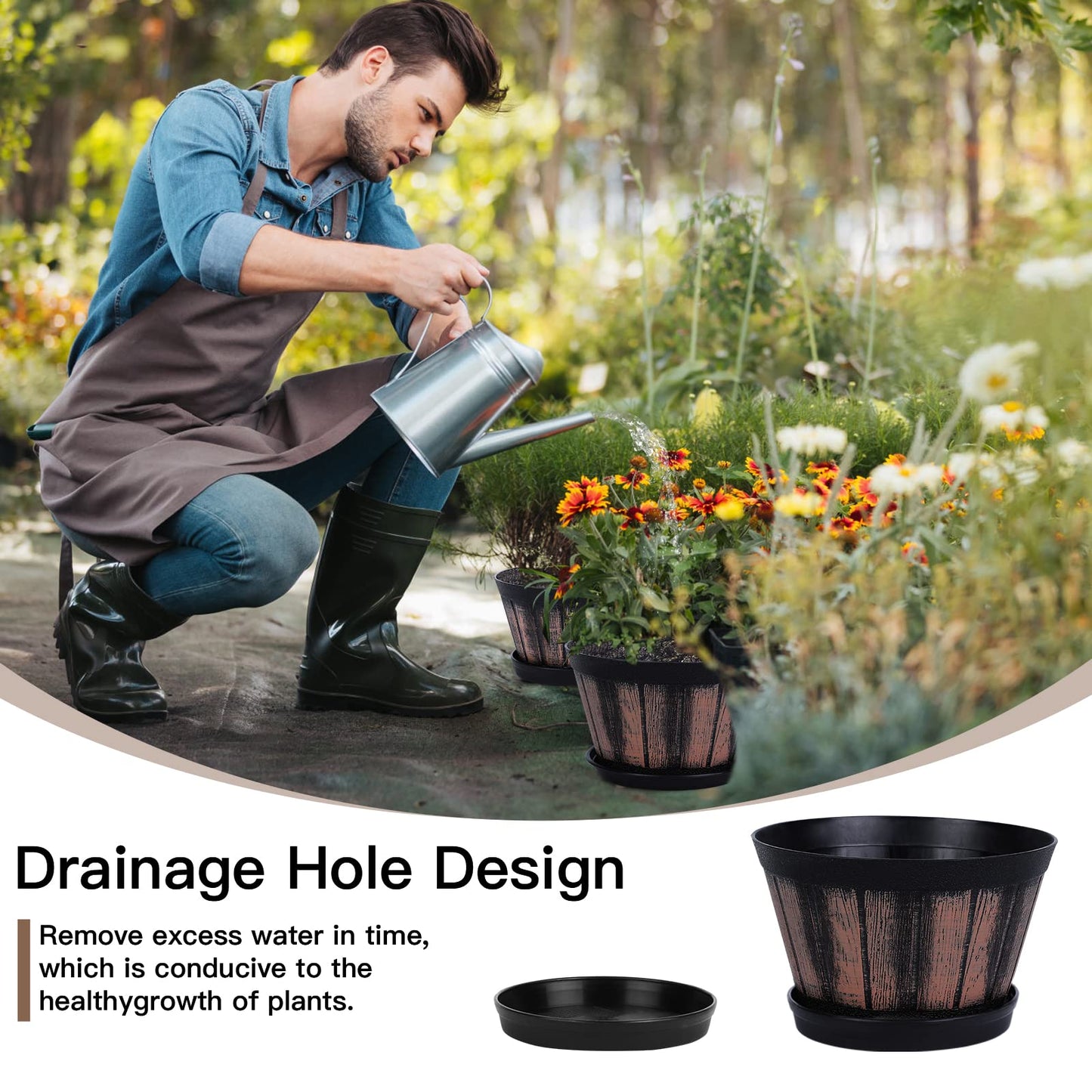 Quarut Plant Pots Set of 4 Pack 12 inch,Large Whiskey Barrel Planters with Drainage Holes & Saucer.Plastic Flower Pots Imitation Wine Barrel Design, for Indoor & Outdoor Garden Home Plants (Brown)