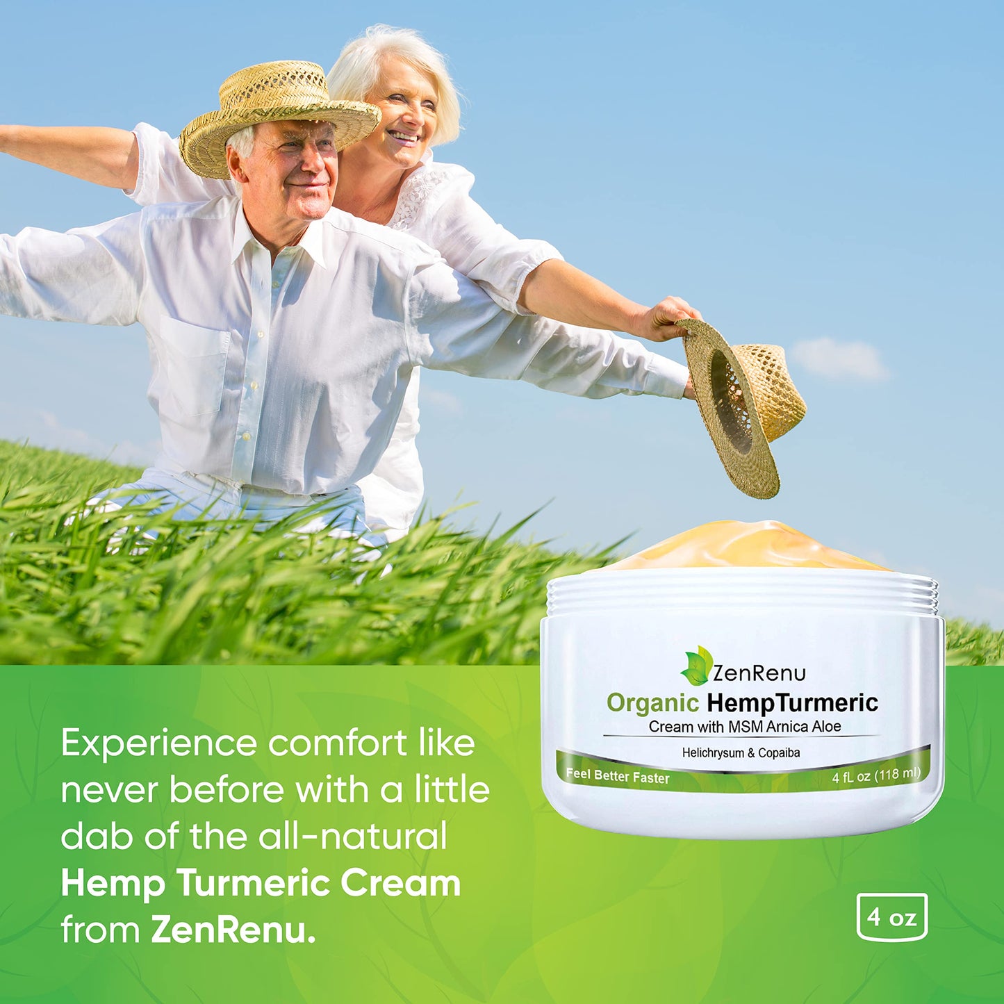 Organic Hemp Turmeric Cream with Arnica, MSM, Hemp Oil Extract, & 7 Essential Oils - Non Greasy & Fast Absorbing for Any Areas of Discomfort 4 oz