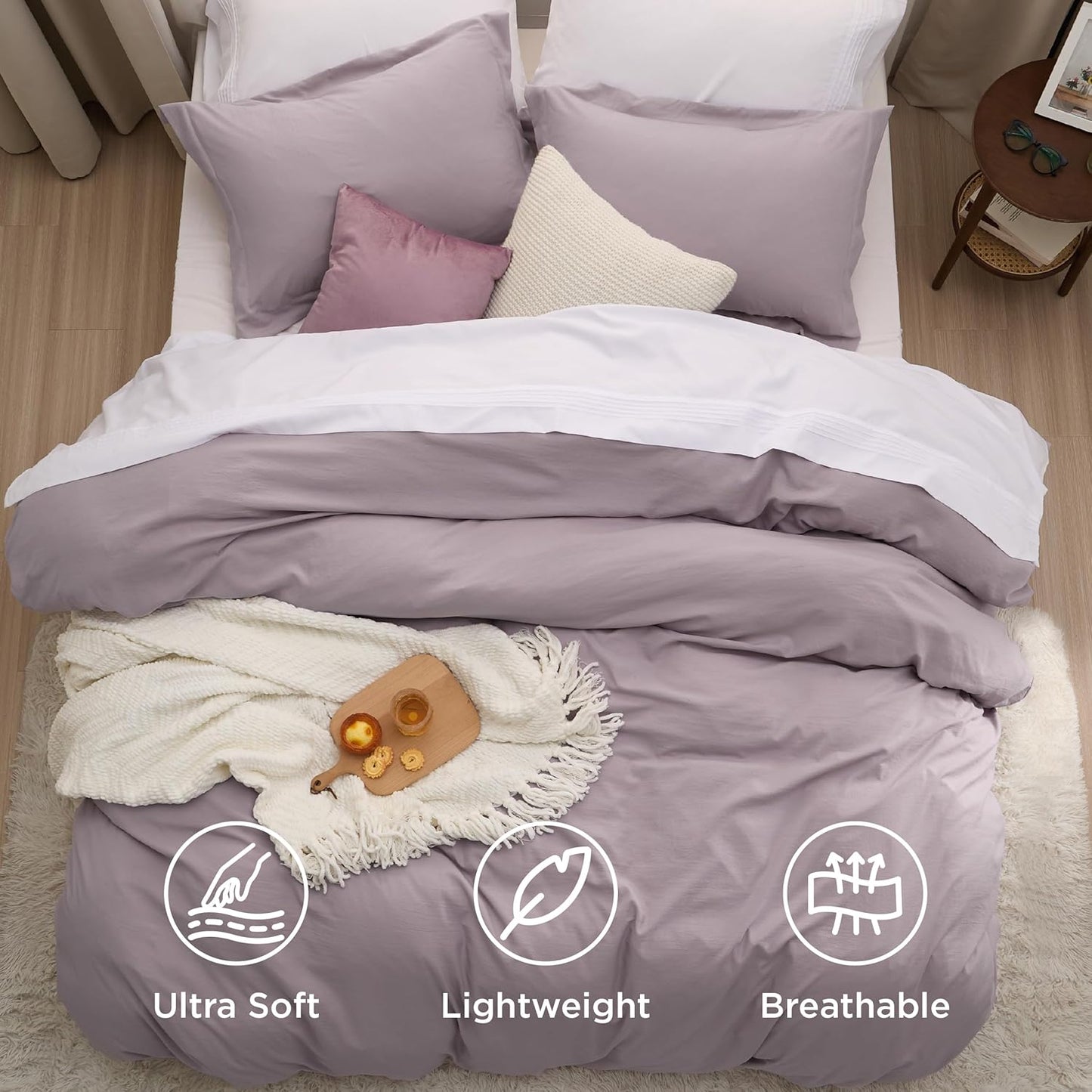 Funda nórdica blanca Bedsure, tamaño Queen, 3 piezas, aspecto de algodón prelavado, juego de cama extrasuave, incluye 1 funda nórdica de 228 x 228 cm con cierre de cremallera y 2 fundas de almohada, edredón no incluido