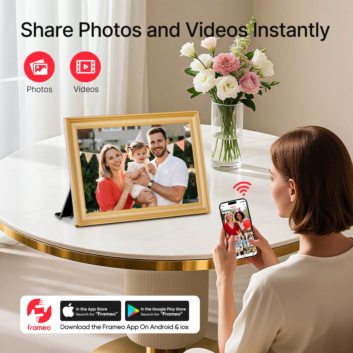 Frameo 10.1 Inch WiFi Digital Picture Frame, Smart Cloud Electronic Photo Frame with HD IPS Touch Screen Slideshow 32GB Memory Auto-Rotate Wall Mount, Share Photos/Videos from Phone - Gifts for Mom