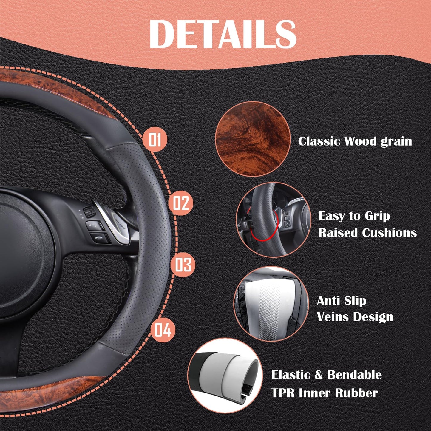 CAR PASS Line Rider Mikrofaser-Leder Sportlicher Lenkradbezug Universal Passend für 95% LKW, SUV, PKW, 36,8-38,1 cm Rutschfest Sicher Bequem Design (Schwarz-Grau)