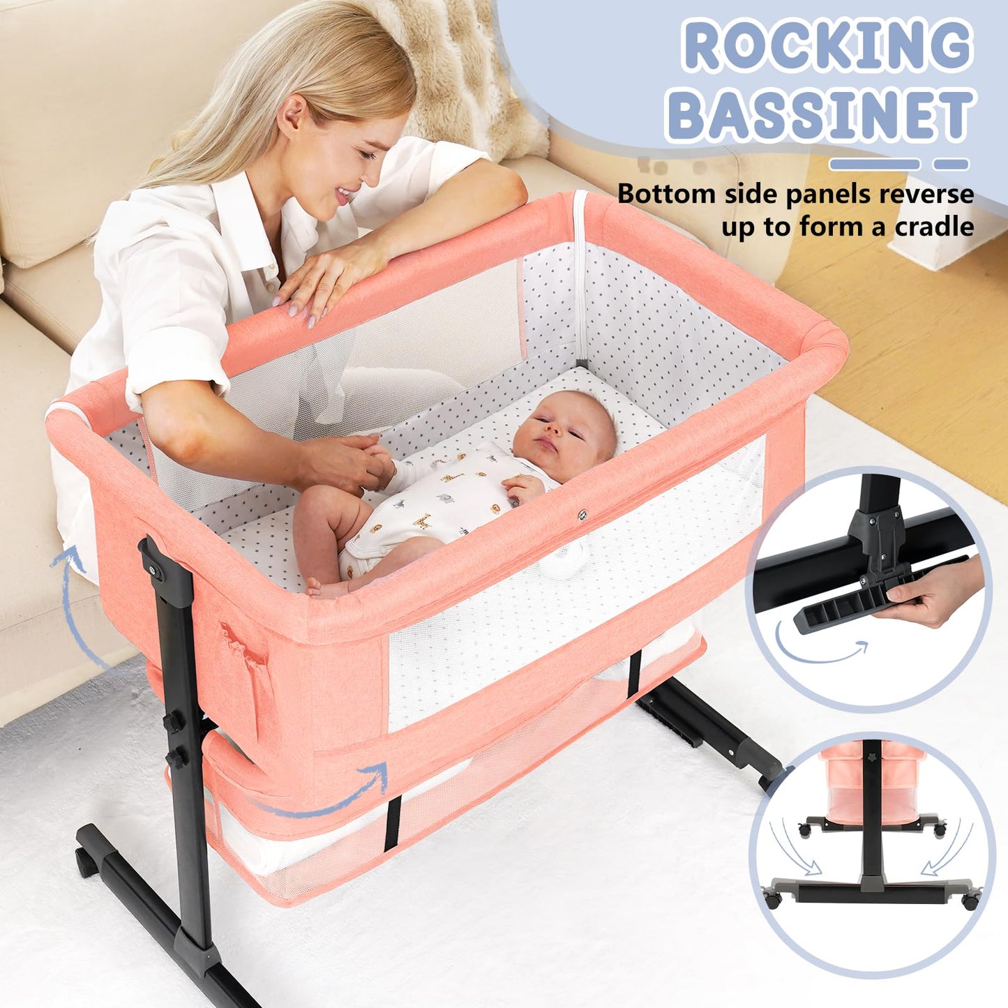 Semphis Baby Bassinet, 3 in 1 Bassinets Bedside Sleeper, Adjustable Height Bedside Sleeper with Rocking Mode, Breathable Mesh, Storage Basket, Wheels, Easy Assemble & Folding (Gray)
