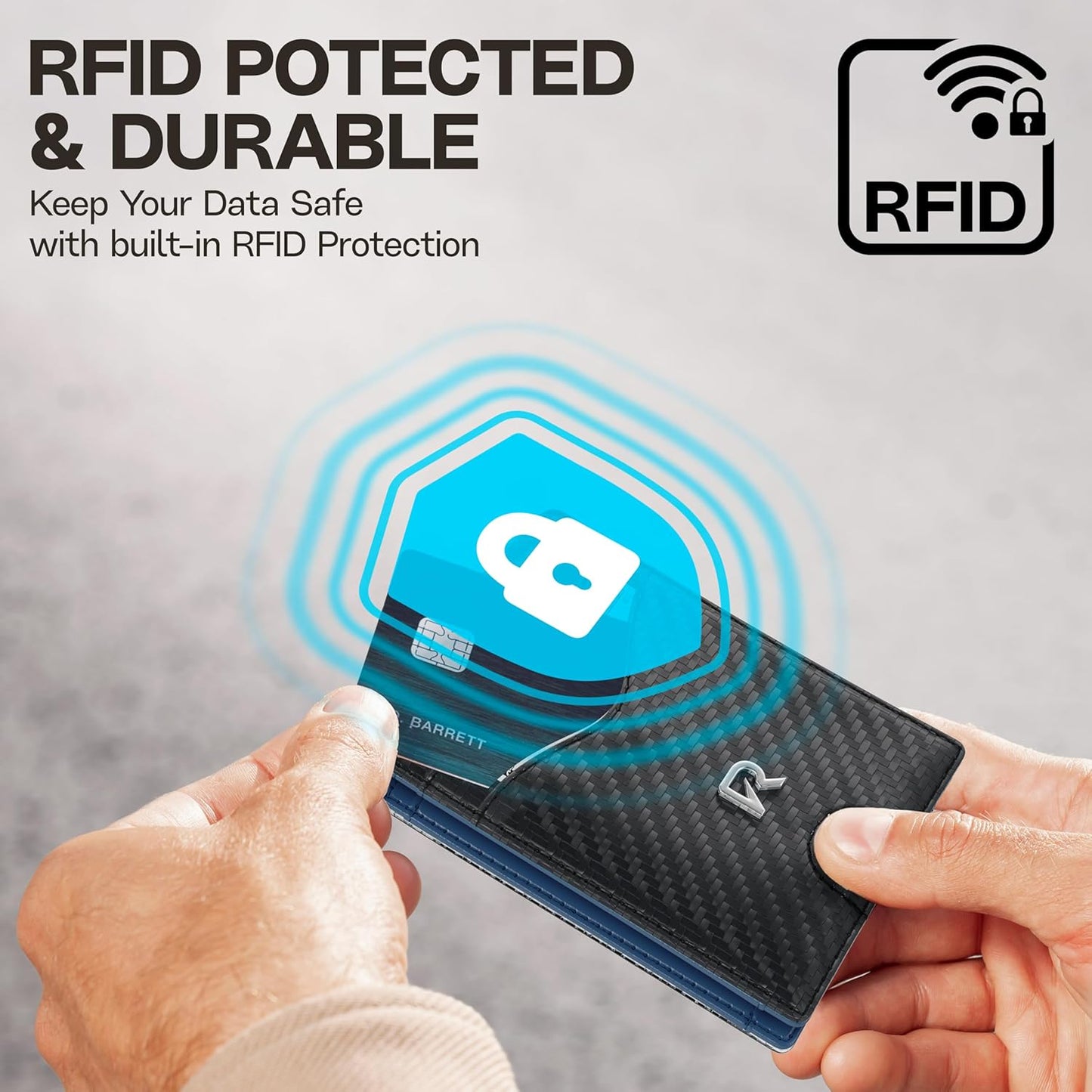 Schlankes RFID-Portemonnaie für Herren – Minimalistisches Portemonnaie für Männer mit Geldklammer, fasst 12 Karten – Langlebiges Leder-Carbonfaser-Herrenportemonnaie – Perfektes Geschenk für Männer (Geldklammer, schwarzes Carbon)