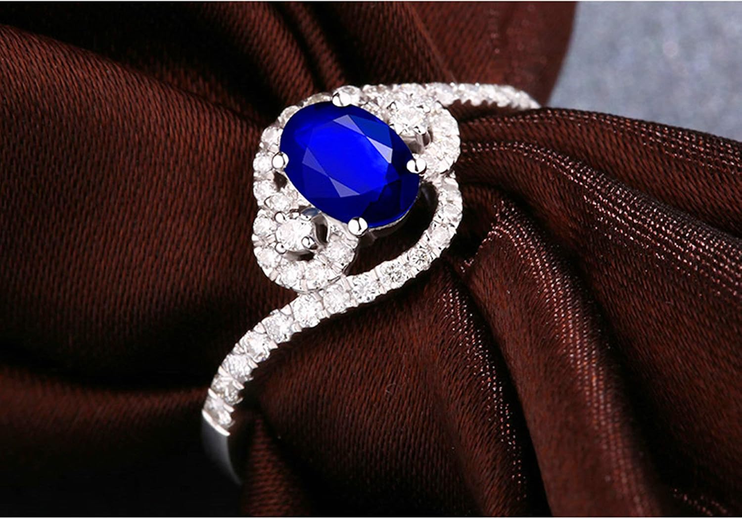 Aienid 18Ct White Gold Promise Ring Oval Cut Blue Sapphire with Diamond Engagement Ring for Her