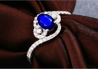 Aienid 18Ct White Gold Promise Ring Oval Cut Blue Sapphire with Diamond Engagement Ring for Her