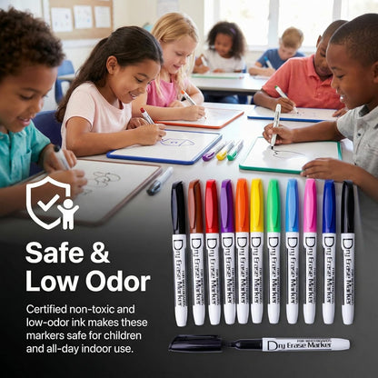 Dry Erase Markers Low Odor Fine Whiteboard Markers Thin Box of 12，10 Colors