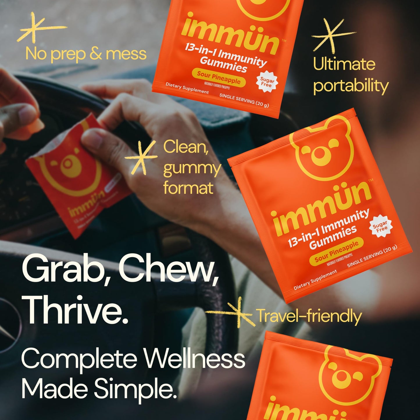 Grüns 3 x 28 Pack Immun Sugar Free Immunity Gummies with Vitamin C, Zinc, MCT Oil, & Turmeric - Daily Immune Support Supplement for Adults - Sour Pineapple Flavor (28 Count) (Pack of 3)