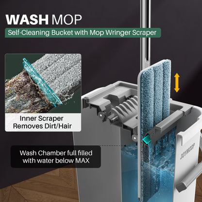 JOYMOOP Wischmopp und Eimer mit Auswringsystem, Freihand-Flachmopp und Eimer, mit 3 waschbaren Mikrofaserpads, Nass- und Trockengebrauch, Bodenreinigungssystem