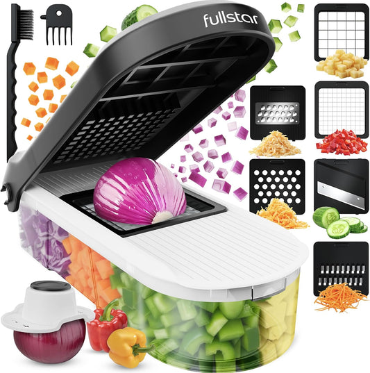 Fullstar Vegetable Chopper & Mandoline Slicer - Julienne Cutter Dicer Grater for Food Veggie Onion Cucumber Tomato Salad Potato Cheese - Kitchen Essentials & Gadgets (Compact 6-in-1, White)