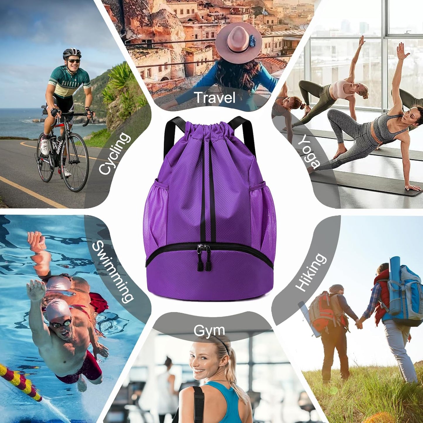 Hoedia Sports-Kordelzugrucksack – Schwimm-Turnbeutel mit Schuhfach und wasserdichter Tasche für Damen und Herren